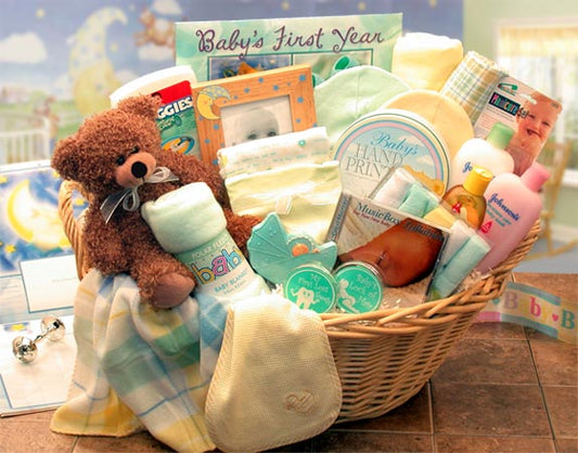 Deluxe Welcome Home Precious Baby Basket -Yellow/ Teal