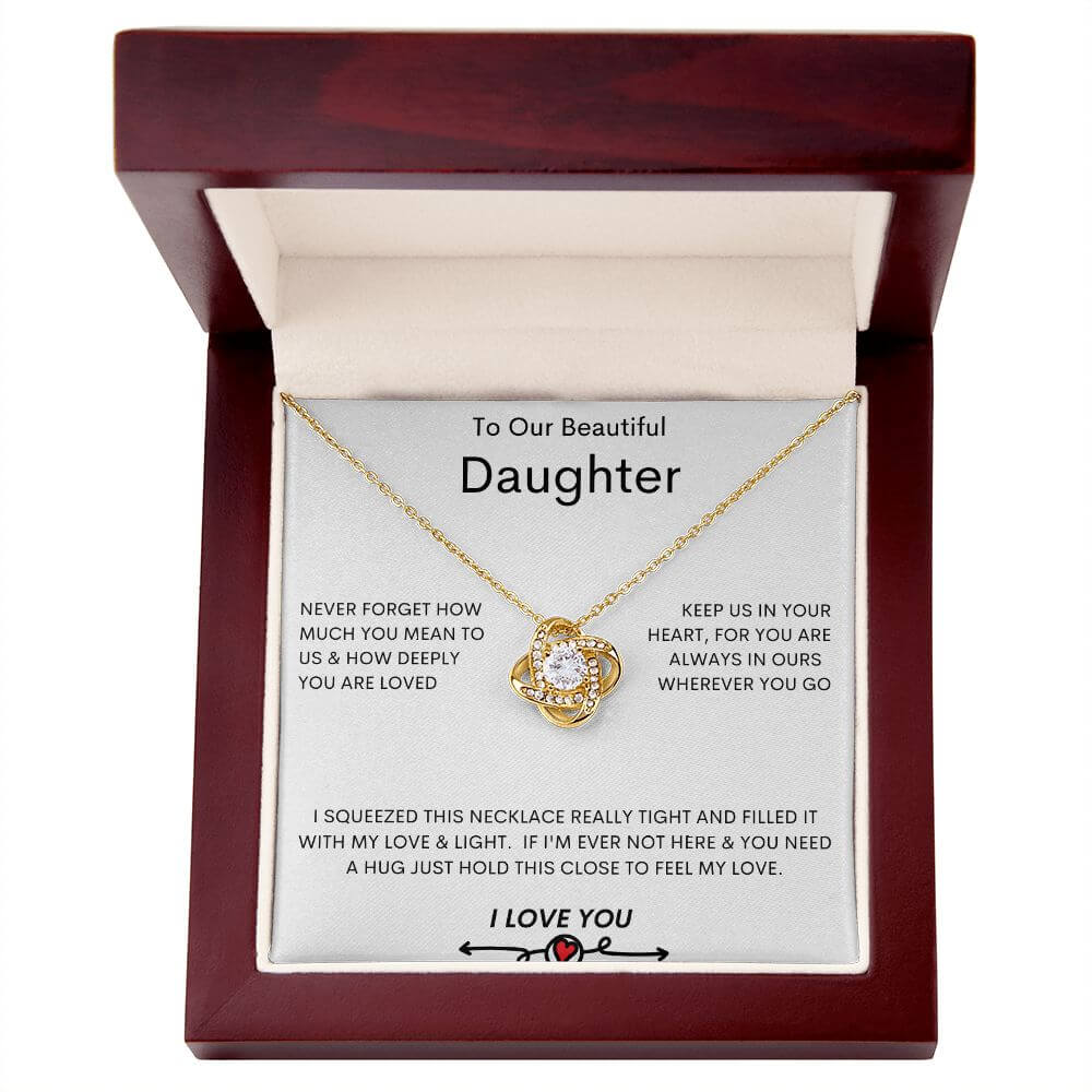 Beautiful Daughter Love Knot Necklace - Sweet Sentimental GiftsBeautiful Daughter Love Knot NecklaceNecklaceSOFSweet Sentimental GiftsSO-8768014Beautiful Daughter Love Knot NecklaceLuxury Box18K Yellow Gold Finish144059427354