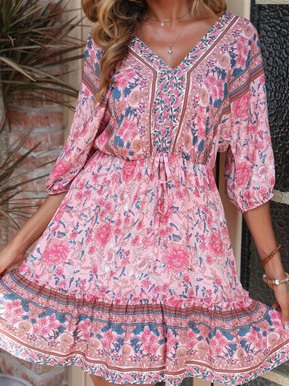 Women's Printed Vintage Loose Pink Dress