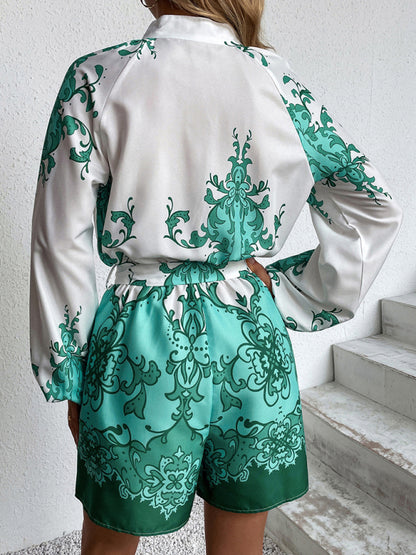 Women's Autumn Puff Sleeve Lapel Long Sleeve Print Jumpsuit