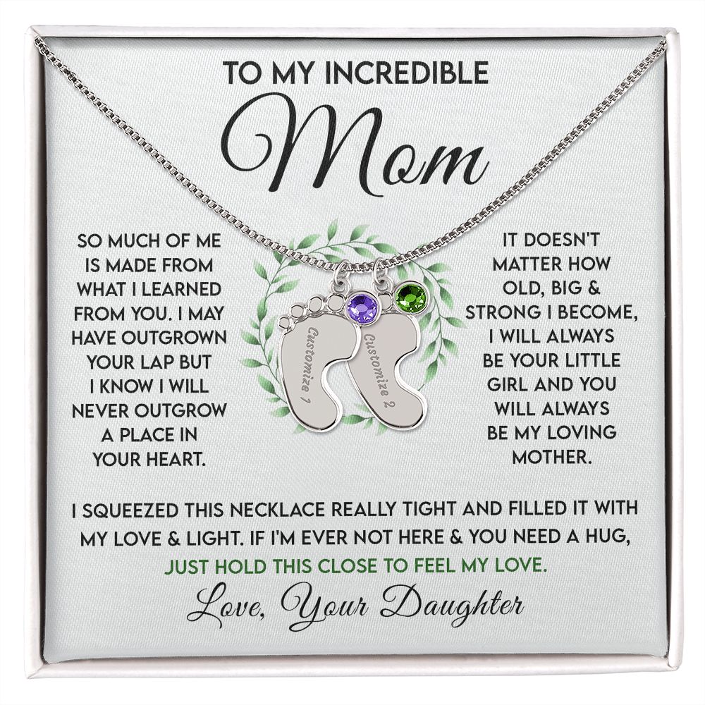 Incredible Mom - Birthstone Footprint Necklace - Sweet Sentimental GiftsIncredible Mom - Birthstone Footprint NecklaceNecklaceSOFSweet Sentimental GiftsSO-10069514Incredible Mom - Birthstone Footprint NecklaceStandard BoxPolished Stainless Steel2 Charms929845233919