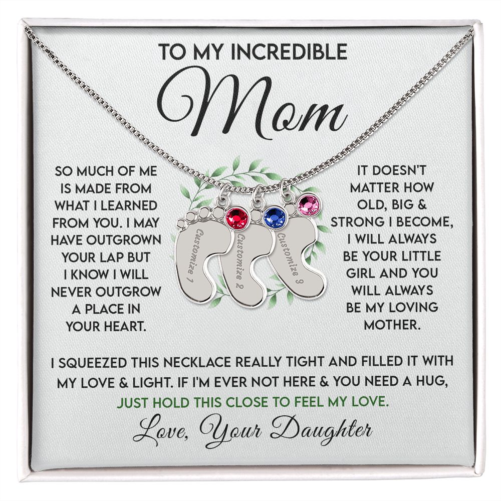 Incredible Mom - Birthstone Footprint Necklace - Sweet Sentimental GiftsIncredible Mom - Birthstone Footprint NecklaceNecklaceSOFSweet Sentimental GiftsSO-10069515Incredible Mom - Birthstone Footprint NecklaceStandard BoxPolished Stainless Steel3 Charms980349143869