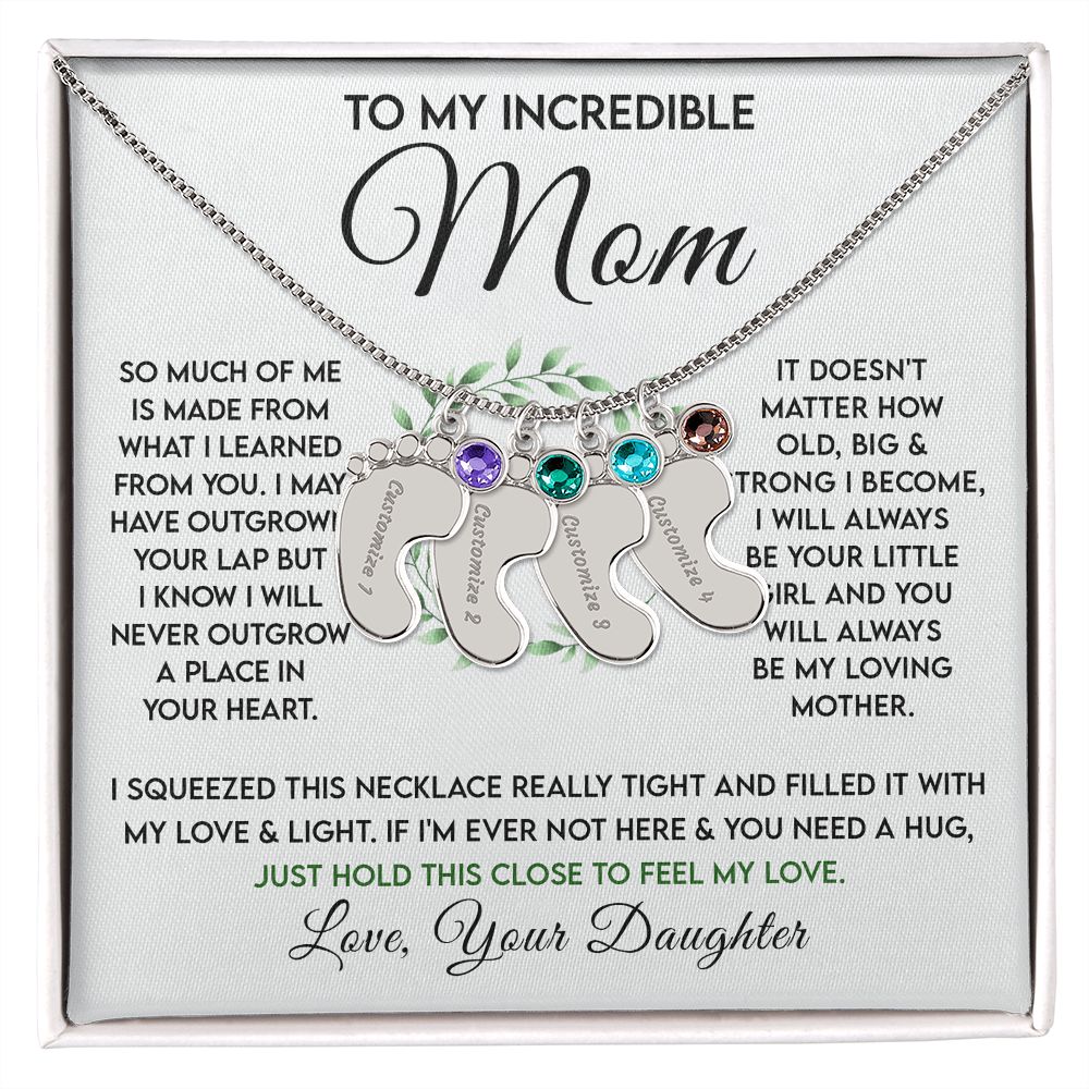 Incredible Mom - Birthstone Footprint Necklace - Sweet Sentimental GiftsIncredible Mom - Birthstone Footprint NecklaceNecklaceSOFSweet Sentimental GiftsSO-10069516Incredible Mom - Birthstone Footprint NecklaceStandard BoxPolished Stainless Steel4 Charms692003758271