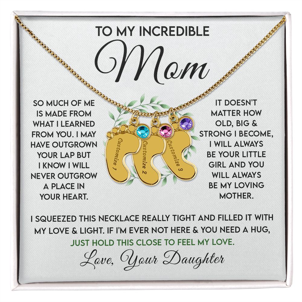 Incredible Mom - Birthstone Footprint Necklace - Sweet Sentimental GiftsIncredible Mom - Birthstone Footprint NecklaceNecklaceSOFSweet Sentimental GiftsSO-10069519Incredible Mom - Birthstone Footprint NecklaceStandard Box18K Yellow Gold Finish3 Charms983219889089