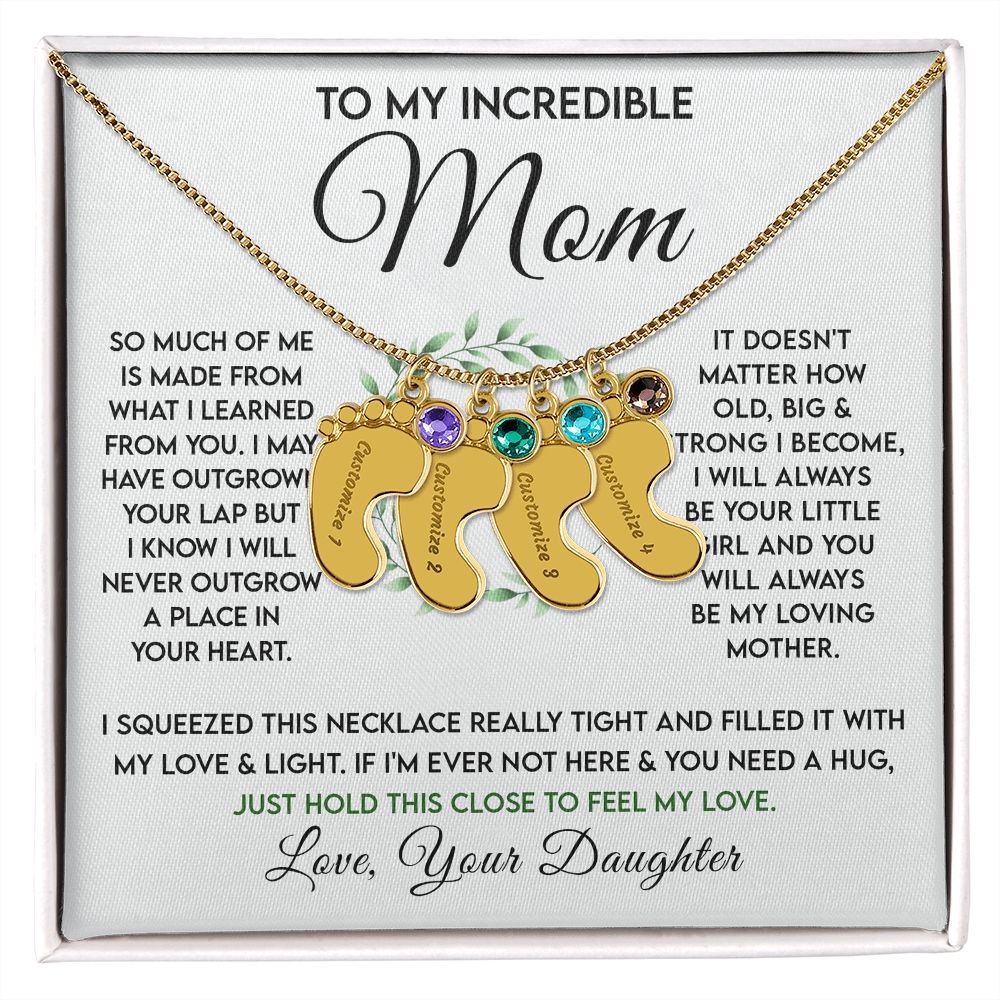 Incredible Mom - Birthstone Footprint Necklace - Sweet Sentimental GiftsIncredible Mom - Birthstone Footprint NecklaceNecklaceSOFSweet Sentimental GiftsSO-10069520Incredible Mom - Birthstone Footprint NecklaceStandard Box18K Yellow Gold Finish4 Charms063316170195