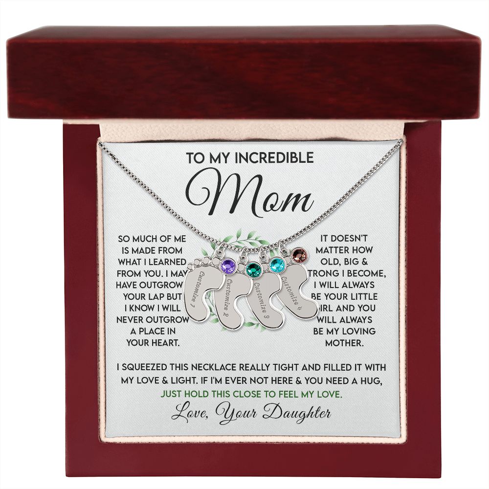 Incredible Mom - Birthstone Footprint Necklace - Sweet Sentimental GiftsIncredible Mom - Birthstone Footprint NecklaceNecklaceSOFSweet Sentimental GiftsSO-10069524Incredible Mom - Birthstone Footprint NecklaceLuxury BoxPolished Stainless Steel4 Charms