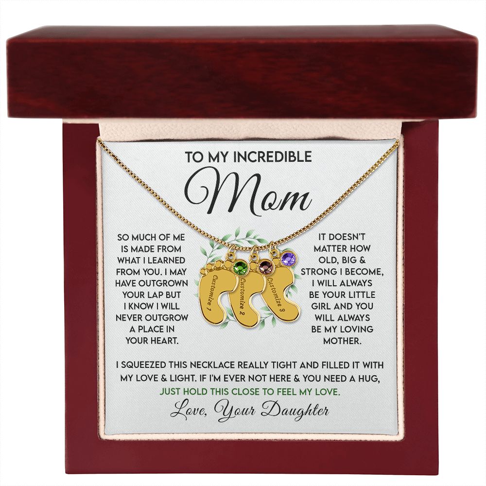 Incredible Mom - Birthstone Footprint Necklace - Sweet Sentimental GiftsIncredible Mom - Birthstone Footprint NecklaceNecklaceSOFSweet Sentimental GiftsSO-10069527Incredible Mom - Birthstone Footprint NecklaceLuxury Box18K Yellow Gold Finish3 Charms