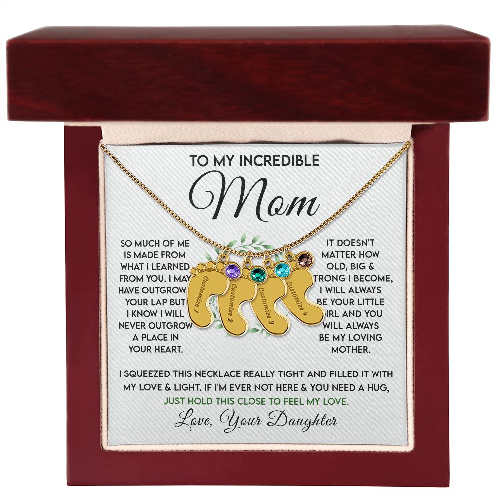 Incredible Mom - Birthstone Footprint Necklace - Sweet Sentimental GiftsIncredible Mom - Birthstone Footprint NecklaceNecklaceSOFSweet Sentimental GiftsSO-10069528Incredible Mom - Birthstone Footprint NecklaceLuxury Box18K Yellow Gold Finish4 Charms