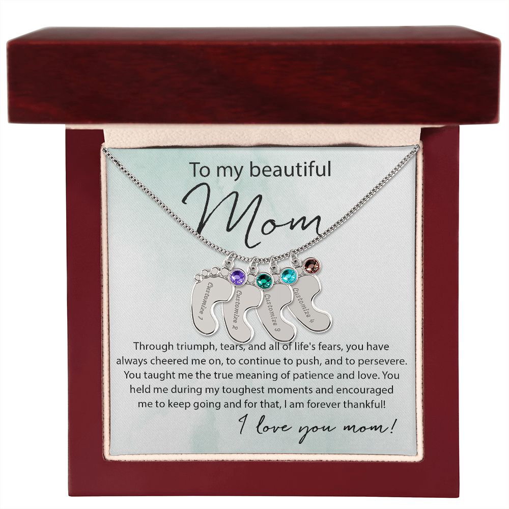 To My Beautiful Mom - Baby Feet Birthstone - Sweet Sentimental GiftsTo My Beautiful Mom - Baby Feet BirthstoneNecklaceSOFSweet Sentimental GiftsSO-10070040To My Beautiful Mom - Baby Feet BirthstoneLuxury BoxPolished Stainless Steel4 Charms