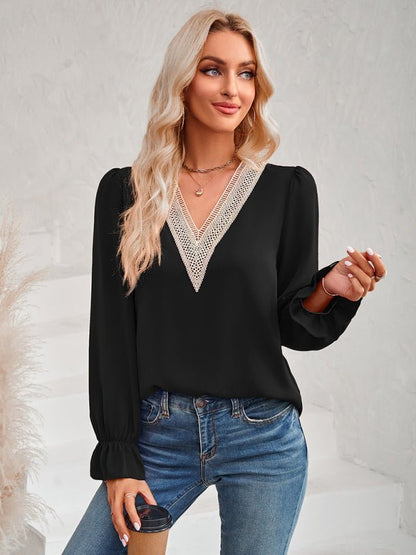 Women's Casual Solid Color V-Neck Lace Ruffle Sleeve Top - Sweet Sentimental GiftsWomen's Casual Solid Color V-Neck Lace Ruffle Sleeve TopWomen's ClothingkakacloSweet Sentimental GiftsFSZW15402_WHE_S_NUBWomen's Casual Solid Color V-Neck Lace Ruffle Sleeve TopSWhite072709643468