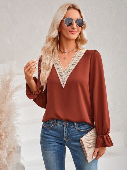 Women's Casual Solid Color V-Neck Lace Ruffle Sleeve Top - Sweet Sentimental GiftsWomen's Casual Solid Color V-Neck Lace Ruffle Sleeve TopWomen's ClothingkakacloSweet Sentimental GiftsFSZW15402_BKR_S_NUBWomen's Casual Solid Color V-Neck Lace Ruffle Sleeve TopSBrick red122351316569
