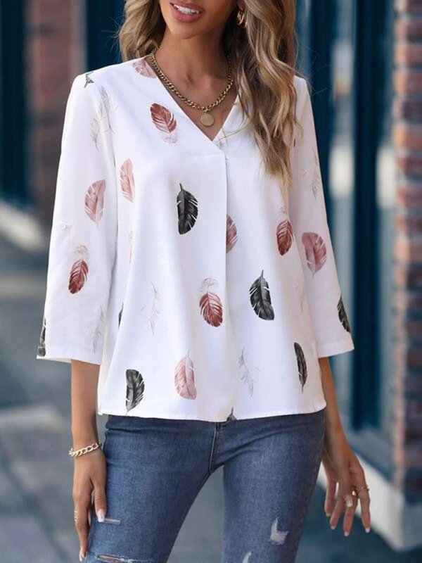 Women's Woven V-Neck Feather Print Cropped Sleeve Loose Blouse - Sweet Sentimental GiftsWomen's Woven V-Neck Feather Print Cropped Sleeve Loose BlouseWomen's ClothingkakacloSweet Sentimental GiftsFSZW12805_WHE_S_NUBWomen's Woven V-Neck Feather Print Cropped Sleeve Loose BlouseSWhite261072689511